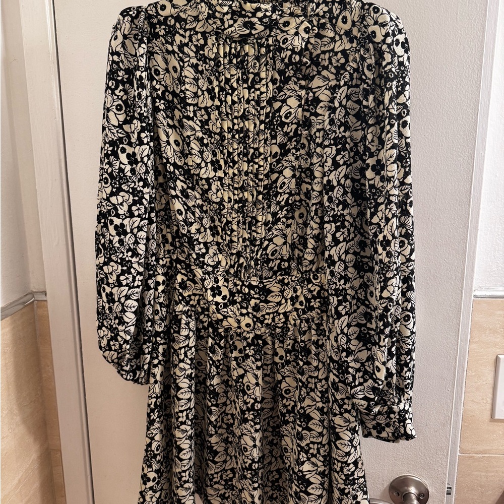 H&M Botanical Print Mini Dress in Black and Cream